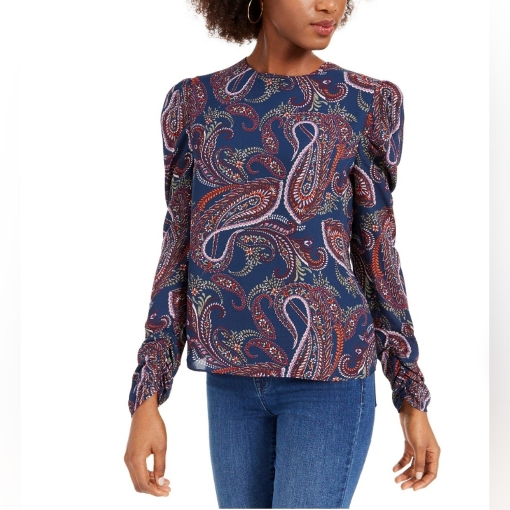 LEYDEN Navy Paisley Lightweight Ruched Long Sleeve Blouse Size Medium Blue Purpl